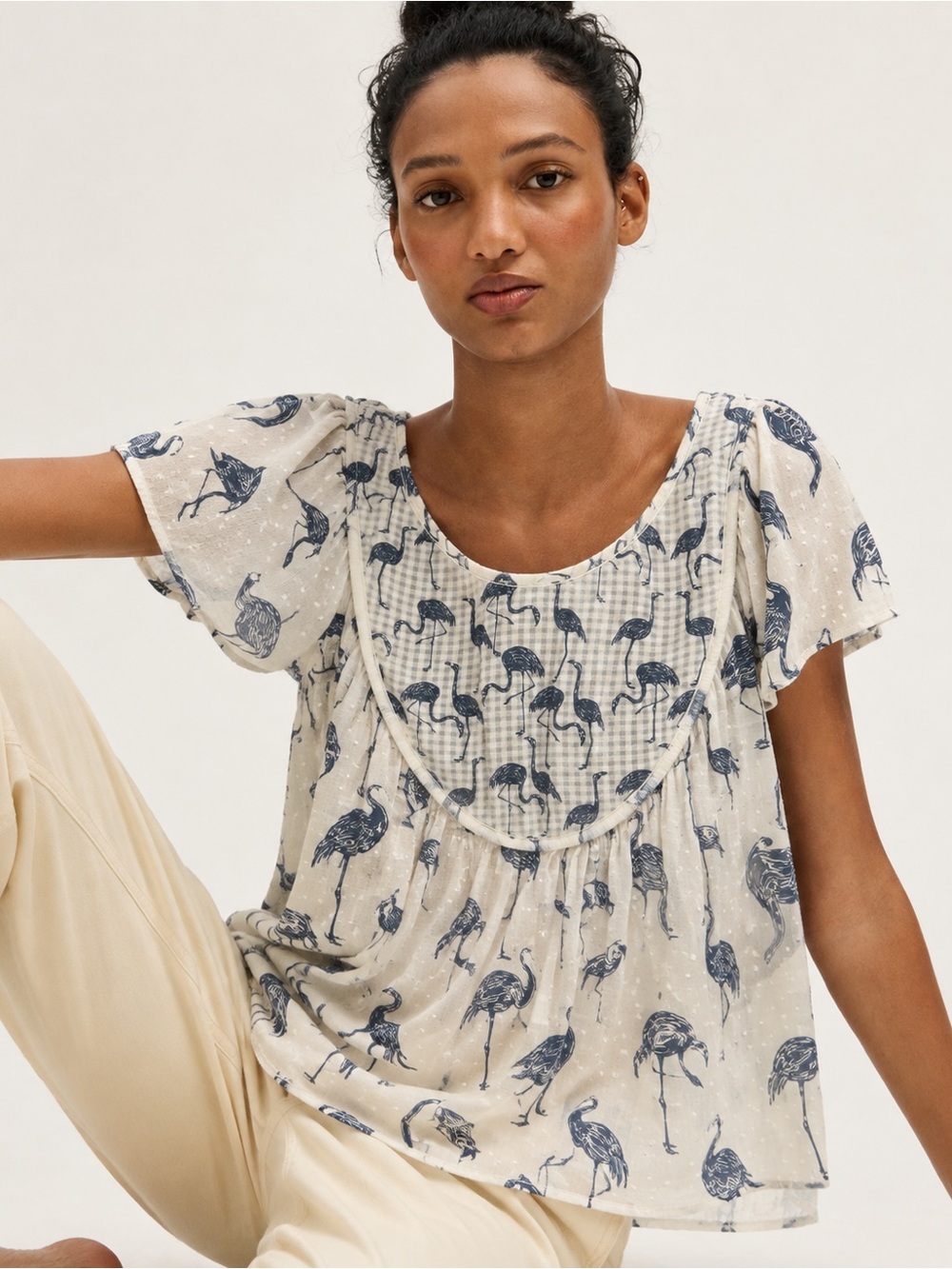 Anthropologie Corey Lynn Calter Wild Flamingo Top Small Swiss Dot Navy White